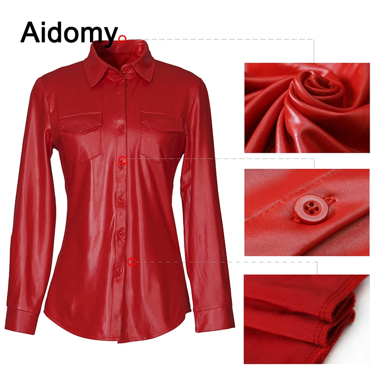  Casual Leather Shirt Women Long Sleeve Buttons Blouse Turn-Down Collar Blusa Mujer Streetwear Pocke