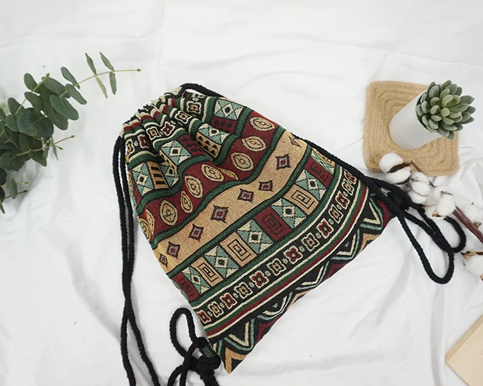 2022 Women Fabric Backpack Female Gypsy Bohemian Boho Chic Aztec Ibiza Tribal Ethnic Cottage Soft Brown Drawstring Rucksack Bags