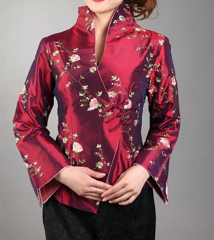 

Burgundy Vintage Chinese Women's Silk Satin Embroidery Jacket Coat Mujeres Chaqueta Long Sleeves Size S M L XL XXL XXXL Mny05-E