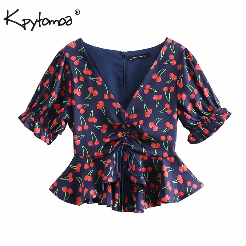 

Vintage Sexy Cherry Print Mermaid Pleated Short Tops Women Blouses 2019 Fashion V Neck Drawstring Shirts Casual Blusas Mujer