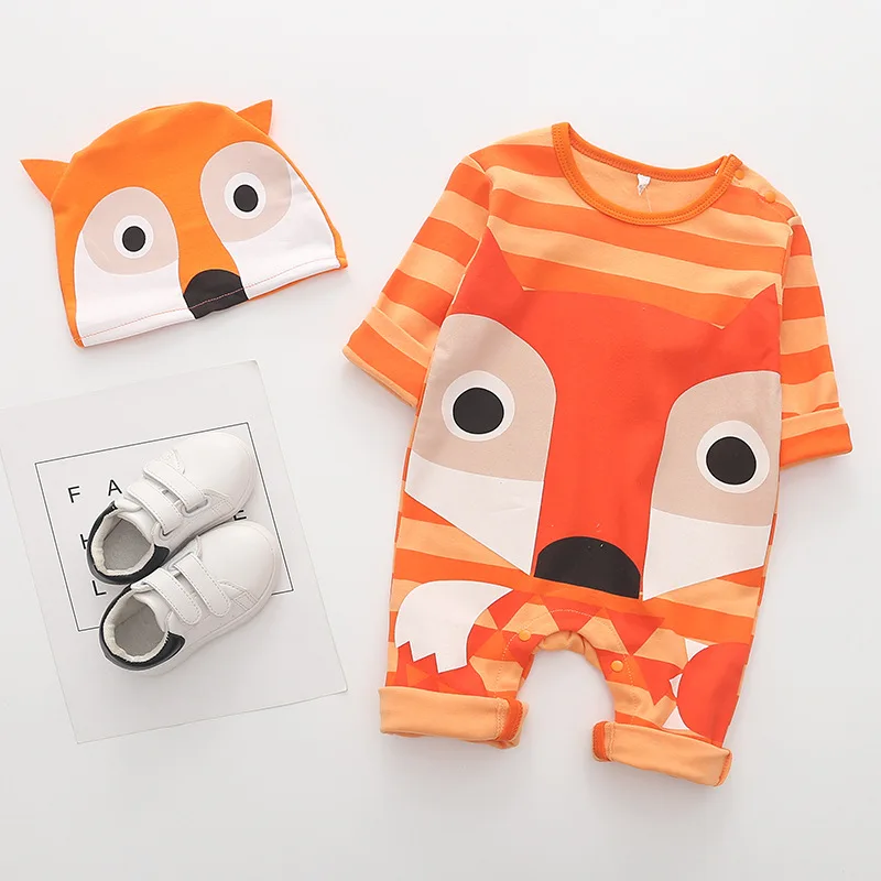 

SeckinDogan Baby Rompers Long Sleeves 100% Cotton Baby Pajamas Cartoon Fox Printed Newborn Clothes Romper+Hat 2Pc Baby Clothing