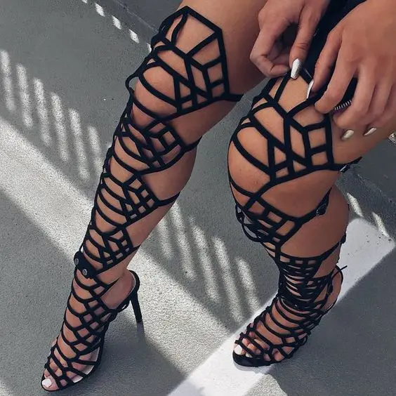 

2018 Newest Cutouts Lace-up Thigh High Boots Sexy Open Toe Over The Knee High Heel Shoes Summer Sandal Boots Gladiator Boots