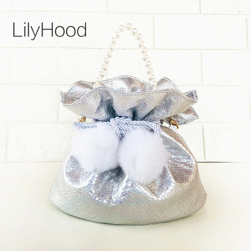 

LilyHood Silver Glitter Small Shoulder Bag Holographic Sparkle Shine Metallic Cute Faux Fur Pom Pom Bucket Chain Messenger Bag