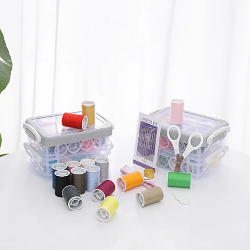 

Portable Sewing Kits Box Needles Tape Measure Thread Spools Scissor with Storage Box Practical Hand Sewing Tools