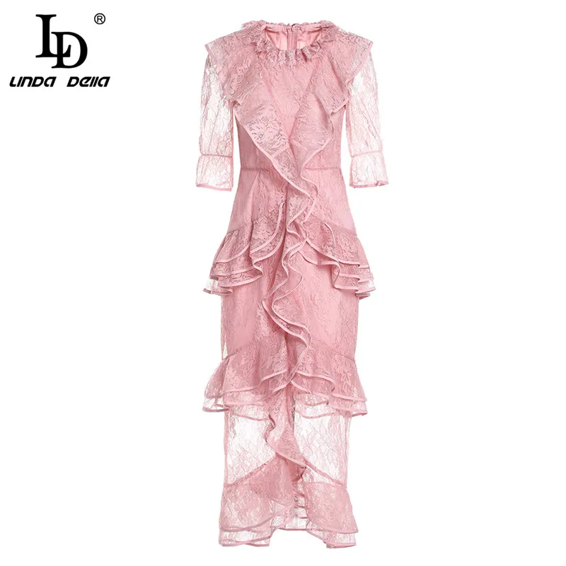 LD LINDA DELL Nieuwe Elegante Roze Kanten Jurk vrouwen Tiered Ruches Bodycon Mermaid Lange Party Dress Hoge Kwaliteit LD LINDA DELL Nieuwe Elegante Roze Kanten Jurk vrouwen Tiered Ruches Bodycon Mermaid Lange Party Dress Hoge Kwaliteit