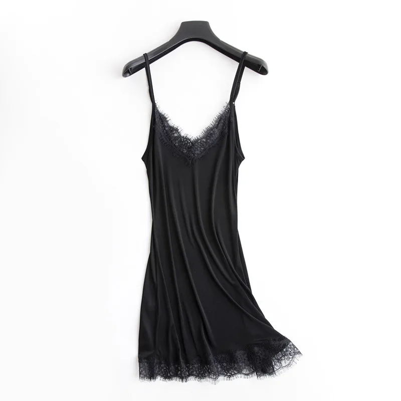 Летние шелковые ресницы, кружевные топы для сна, женские майки, 5 цветов, элегантные сексуальные пижамы с v-образным вырезом, TG-048 - Цвет: Black