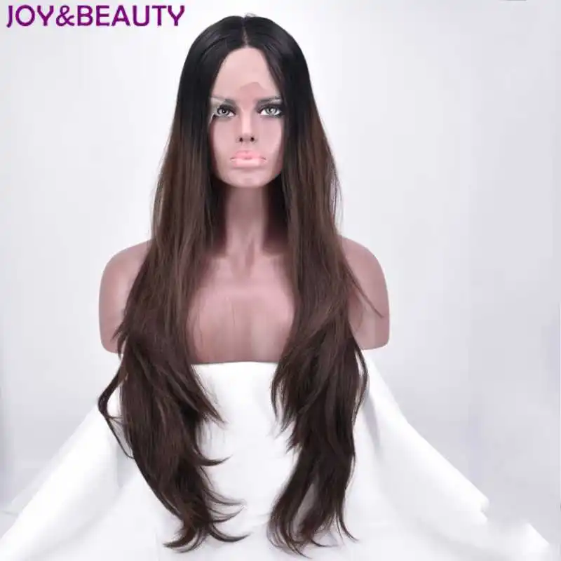 

JOY&BEAUTY 26" Long Synthetic Hair Lace Front Wig Black Root Ombre Dark Brown High Temperature Fiber Natural straight Women Wigs