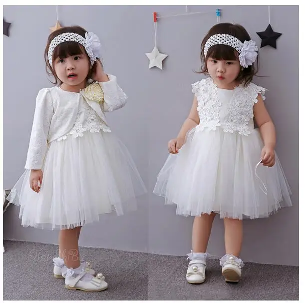 

Baby Girl's Pageant Suits 2017 Summer Lace Gauze Christening Dress+Headband+Coat Infant 3PCS Sets Kids Birthday Formal Outfits