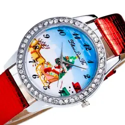 Кварцевые Часы Рождественский Санта Клаус Олень фон крокодиловый узор Кожаный ремешок Круглый циферблат Кварцевые часы Рождество