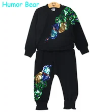 L’humour Ours Filles Vêtements Définit Hiver Vêtements De Sport En Laine À Manches Longues paon Rose Floral Brodé Sequinsets Enfants Vêtements Ensembles