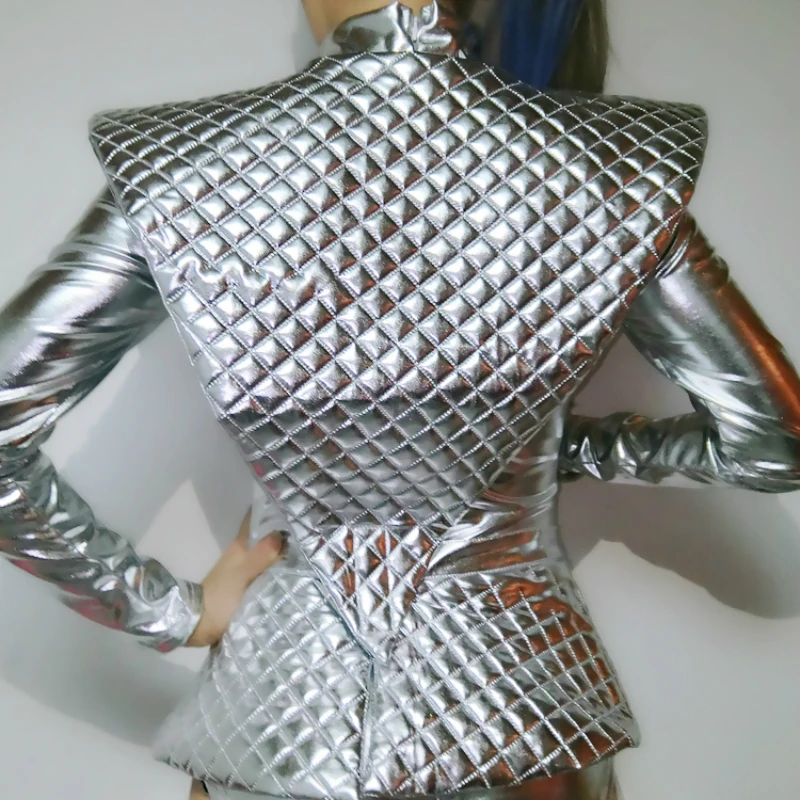 2018 DS nightclub female singer dance costumes personality exaggeration stage outfit reflective silver shiny contiguous suit