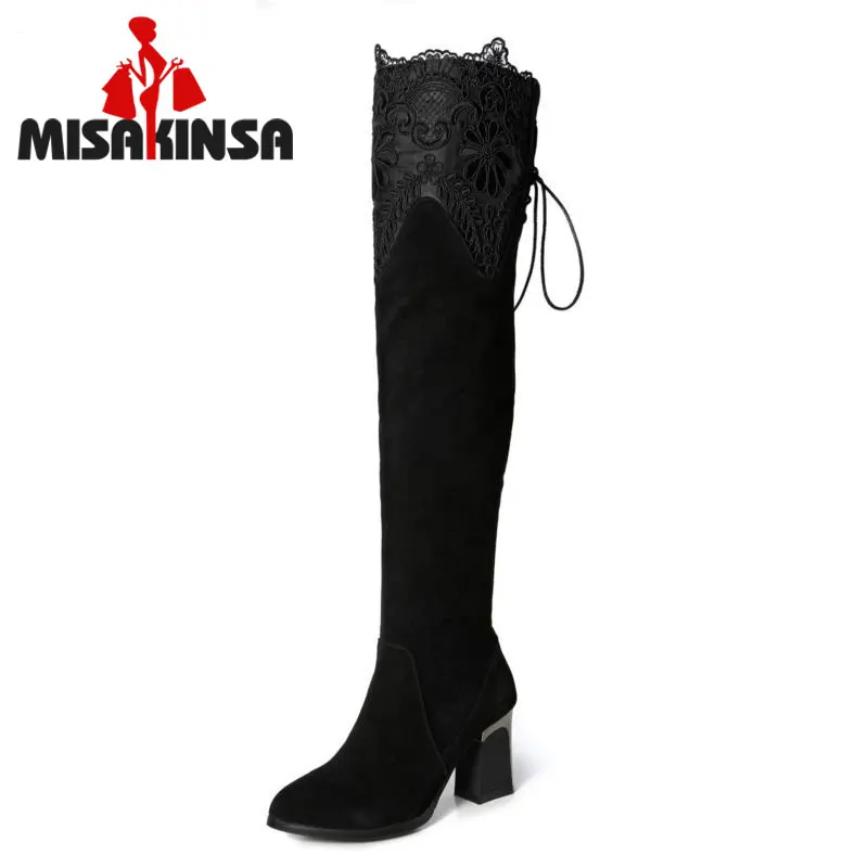 MISAKINSA  Genuine Real Leather Over The Knee Boots Winter Boots Sexy High Heel Classic Round Toe Zipper  Boots Shoes Size 33-42