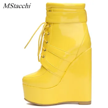 

Mstacchi Fashion Women Ankle Boots Cross-tied Platform Shoe Spring Autumn Wedge Boots Woman Yellow Thick Bottom Heel Shoes 34-47