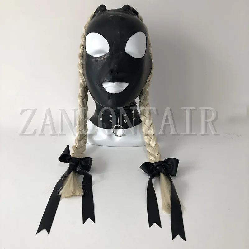 

new exotic sexy transvestite lingerie handmade black latex hoods mask cekc with double two pigtail Twisted braids wig fetish