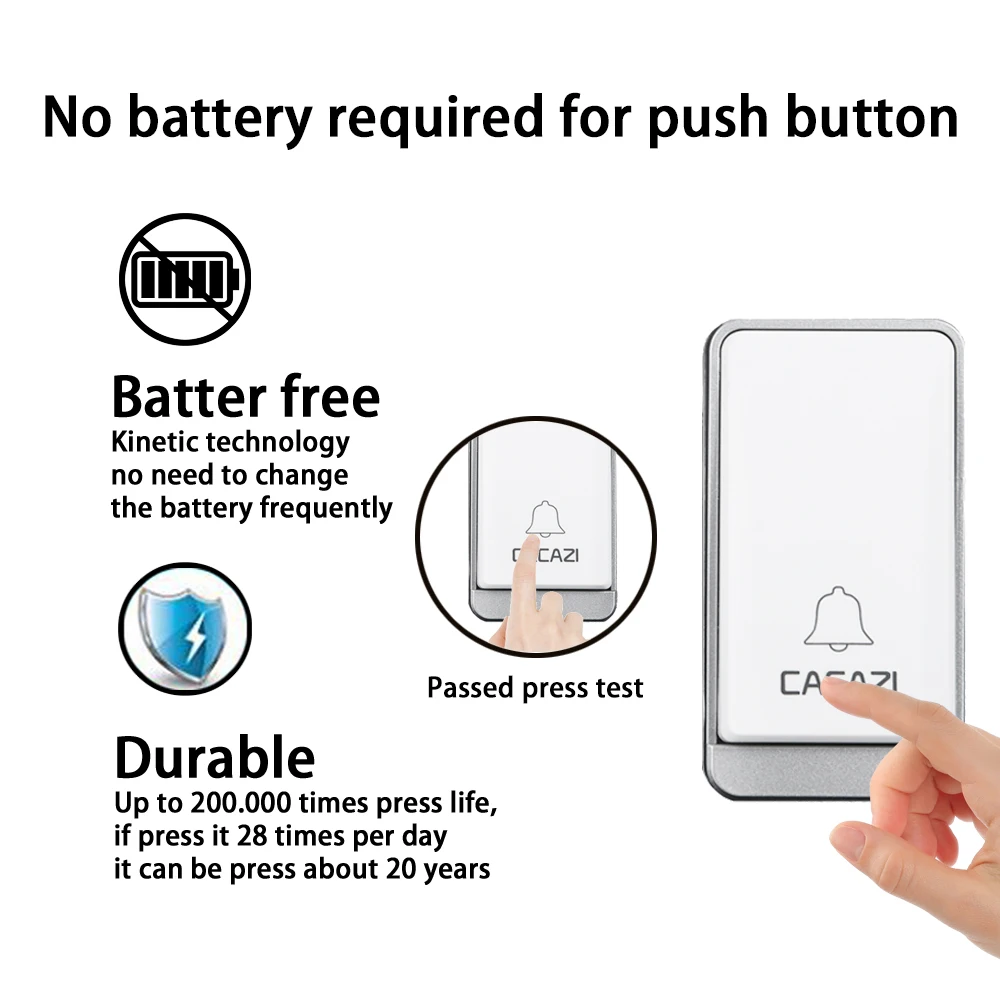 CACAZI Self-powered Wireless Doorbell Waterproof No Battery LED Flash US Plug Home Cordless door bell 1 Button 1 2 Receiver