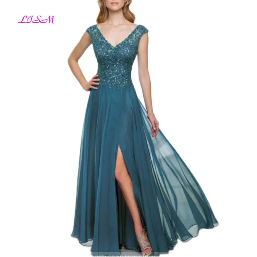 

V-Neck Lace Mother of The Bride Dresses A-Line Chiffon Dress for Wedding Sexy Side Split Long Evening Formal Gowns 2019