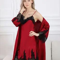 Шелковый пятнистый халат, комплекты с платьем, осень 2019, женская сексуальная одежда для сна, кружевное Ночное платье, ночная рубашка, халат