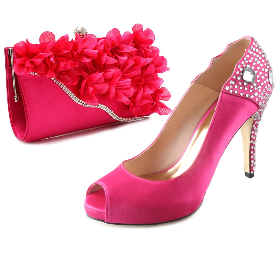 Hot pink 3D flower hangbag clutch with crystal rhinestone shoes for tropical wedding party evening dress cocktail high heels