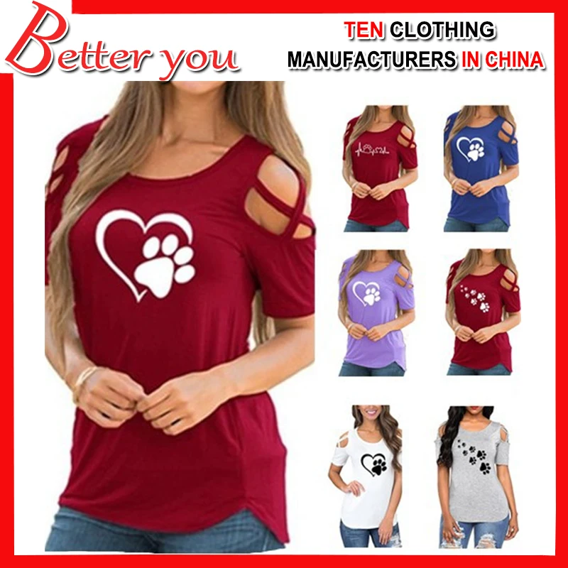

2019 summer women new hot sale round neck love print cat claw print short-sleeved strapless t-shirt women