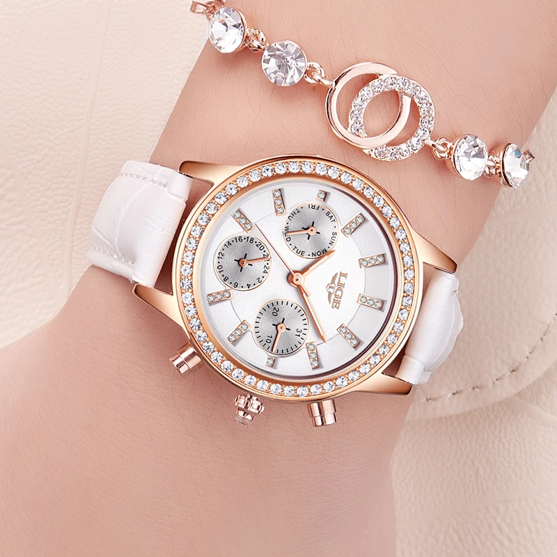 

LIGE Top Luxury Brand Women Watches Leisure Fashion Leather Quartz Ladies Diamond Dress Watch Female Gift Relogio Feminino+Box