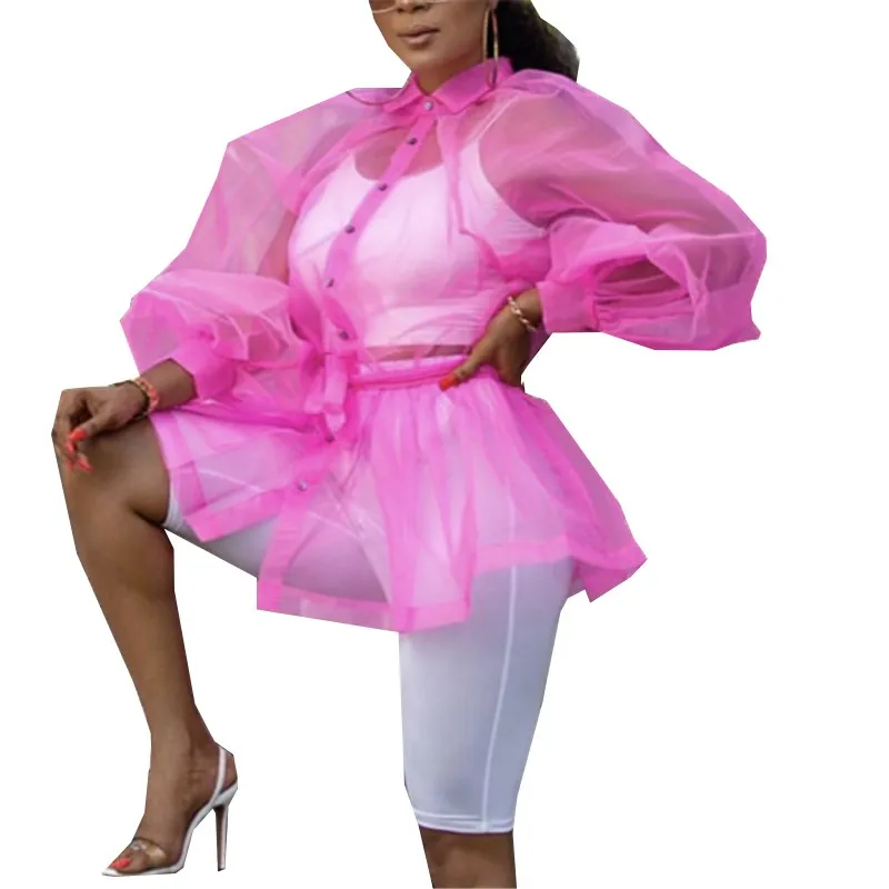 

Tulle Transparent See Through Sexy Blouses Women Tops Lantern Sleeve Elegant Shirts Turn-Down Collar Fashion Casual Blusas