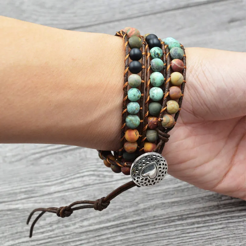 

Multilayer Beads Natural Stone Boho Bracelet Woven Handmade 3 Strands Vintage Leather Wrap Bracelets Women Adjustable Bracelet