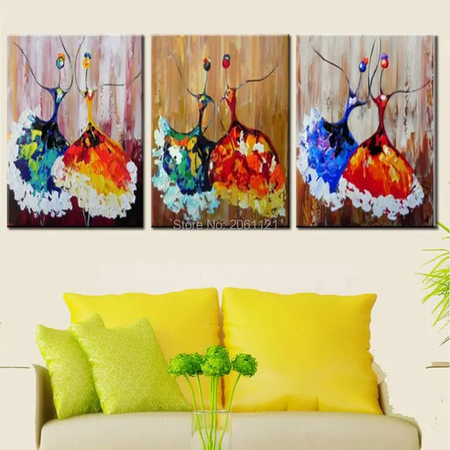 Hand Made 3 Piece Modern Abstract Oil Painting On Canvas Colorful Ballerina Art Paintings Ballet Dancer