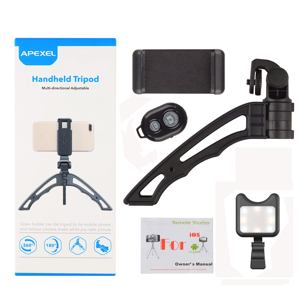 APEXEL 3in1 Portable Stretch Handheld Tripod Bluetooth Remote Camera Tripod With Selfie Fill Led Light For Camera ALL Smartphone