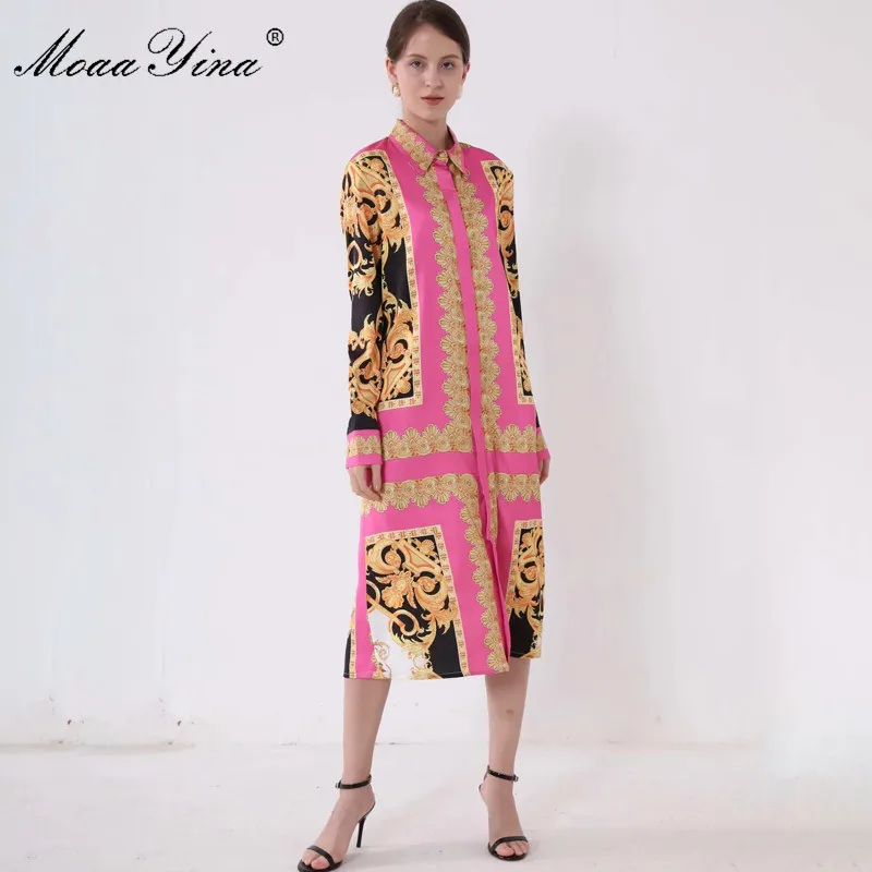 

MoaaYina Fashion Designer Runway dress Spring Summer Women Dress Long sleeve Vintage Print Loose Midi Dresses