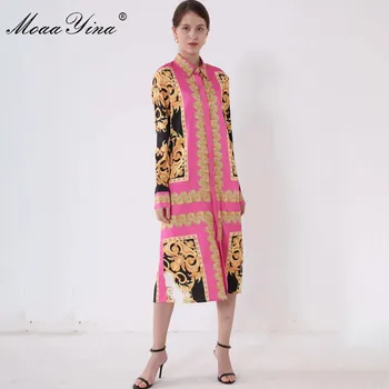 

MoaaYina Fashion Designer Runway dress Spring Summer Women Dress Long sleeve Vintage Print Loose Midi Dresses