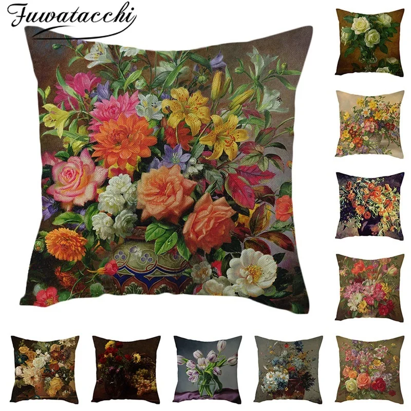 

Fuwatacchi Linen Flowers Cushion Cover Roses Chrysanthemum Throw Pillow Cover for Home Chair Decorative Pillows Bouquet Pillow