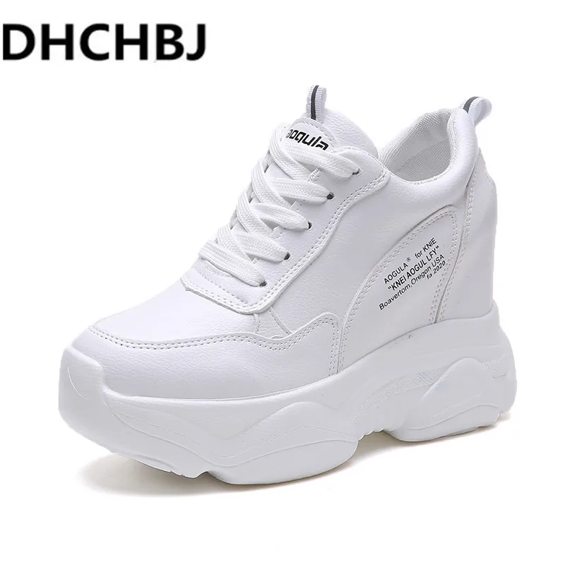 

2019 New Women Platform Wedge Sneakers PU Leather 10CM High Heel Autumn Casual Shoes Height Increasing Woman Outdoor White Shoes