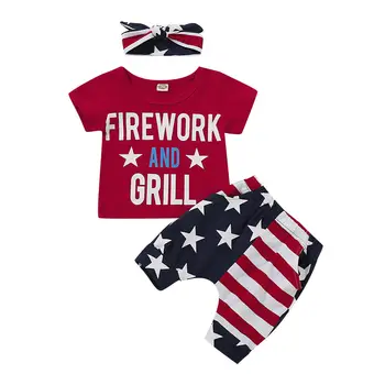 

4th of July Infant Baby Boy Outfit Clothes Red T Shirt Tops American Flag Shorts Pant Headband Summer 3Pcs Clothing Set
