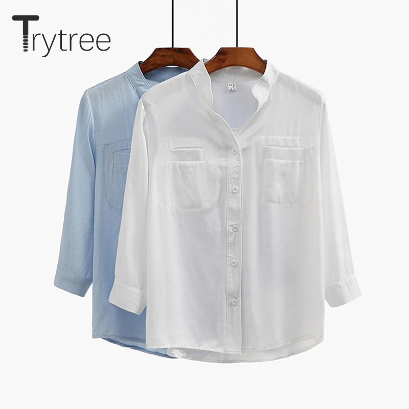 

Trytree Spring Summer Women Blouse Casual Linen shirt Turn-down Collar Blue White Tops clothes Casual Solid Linen Shirts