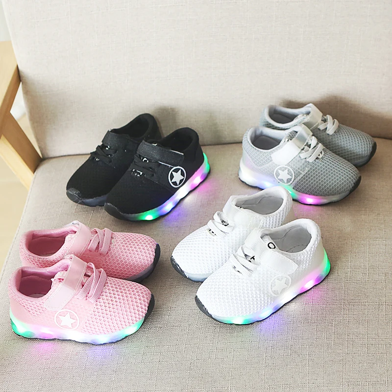 

Children casual shoes for Boys and girls LED Breathable Mesh sneakers Hook&Loop Rubber Solid Shoes
