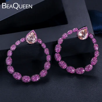 

BeaQueen Champagne Water Drop Crystal Micro Pave Rose Red Cubic Zirconia Large Hollow Circle Dangle Earrings Women Jewelry E274