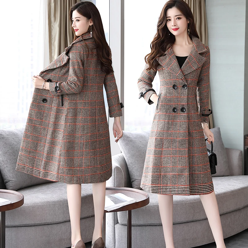 

2019 new women's trend tartan coat female long section autumn and winter over the knee temperament woolen coat