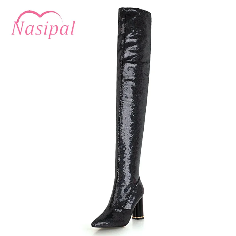 

Nasipal Autumn Winter Shoes For Women High Heels Glitter Thigh High Long Boots Pointed Toe Sexy Gold Silver Over the Knee Boot