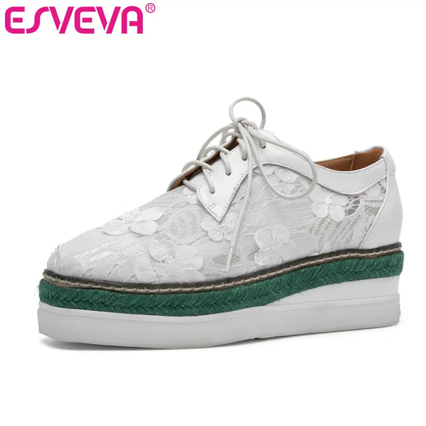 

ESVEVA 2019 Women Shoes Wedges Med Heel Lace-Up Round Toe Cow Suede+PU Elegant Casual Platform Ladies Shoes Size 34-39