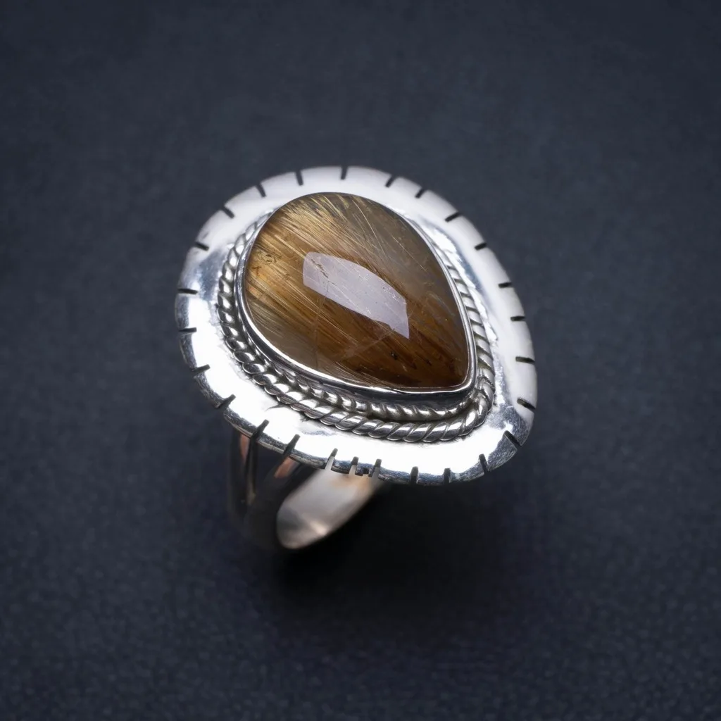 

Natural Golden Rutilated Quartz Handmade Boho 925 Sterling Silver Ring, US Size 7 S2439