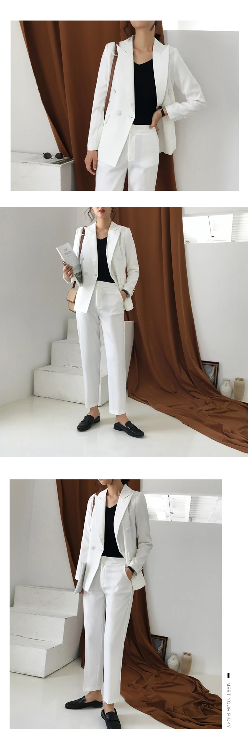 Офисный женский белый брючный костюм, женский двубортный Блейзер, пиджак и брюки с высокой талией,, Женская рабочая одежда, комплект из 2 предметов