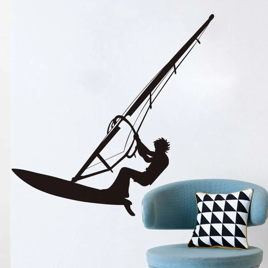 

DCTOP Surfing Windsurfer Wall Decal Black Vinyl Self Adhesive Sea Sport Windsurfing Lover Boys Teen Room Wall Decor Sticker