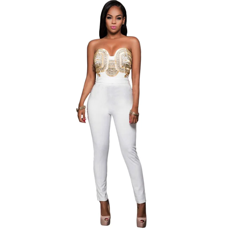 RA80328 FashionWhite Bodysuit Women Off Shoulder Gold Embellished
