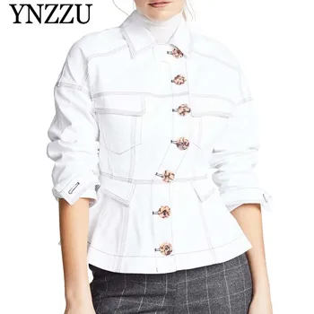 

YNZZU 2019 Autumn Winter Women White denim jacket Casual Contrasting stitching Jean Coats Marbled resin buttons Overcoat YO874