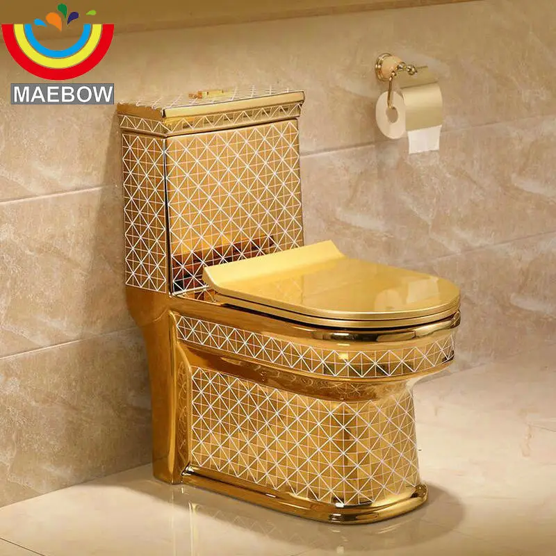 

Artistic Golden Diamonds Style One Piece Closestool Siphon Jet Fluishing S-Trap Floor Mounted Luxious Villa Bathroom Seat Toilet