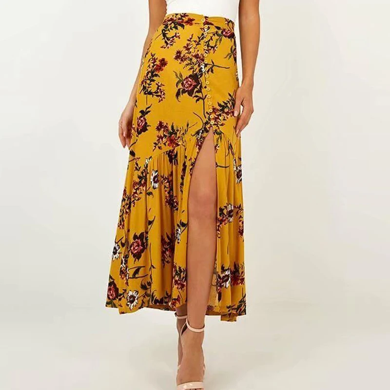 

Bella Philosophy Bohemian Flower Print Single Breasted Buttons Front Slit Skirt Vintage Back Elastic Waist Maxi Long Skirts