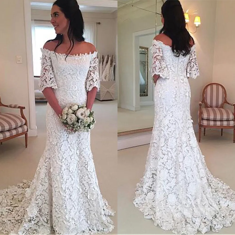 

Stunning Lace Off the Shoulder Wedding Dress Sheath with Half Sleeve Sweep Train Bridal Gowns Casamento Vintage Dress
