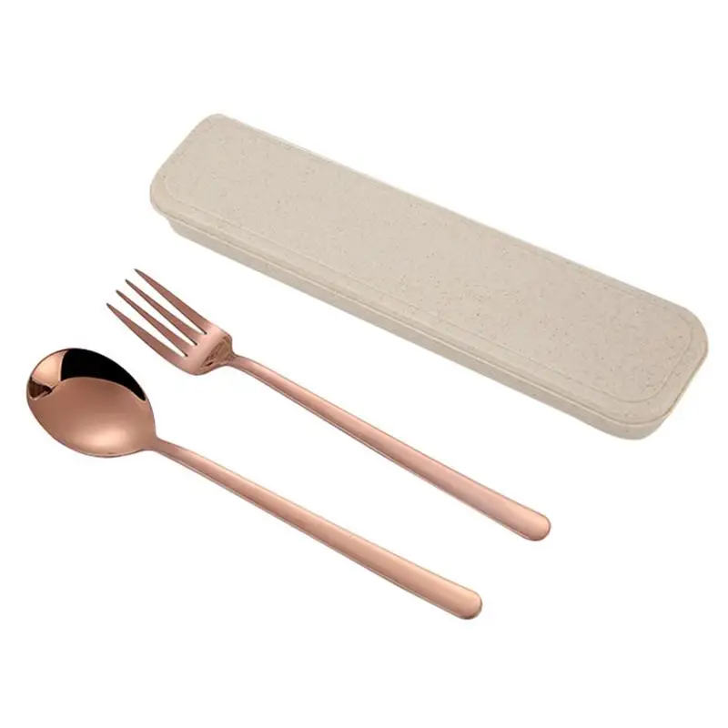 Rose Gold Stainless Steel Cutlery Portable Box Tableware Two-Piece Spoon Fork Set Kids Portable Creative Baby Spoon Picnic Outdoor Usage - Цвет: Rose Gold