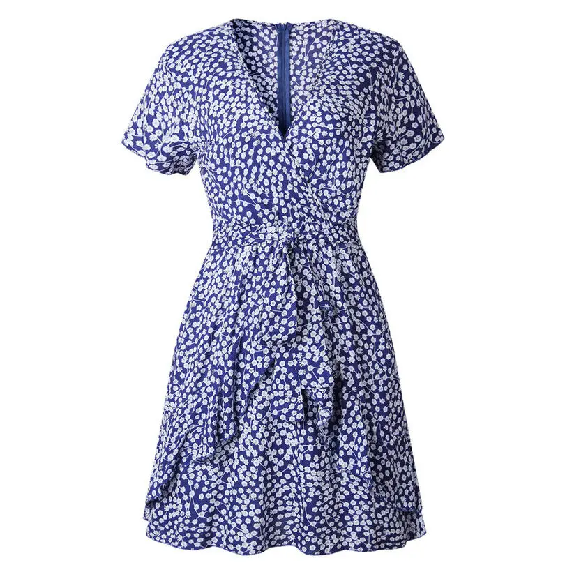 New Women Fashion Summer Casual Daily Loose Dot Printing Short Sleeve Sexy V Neck Mini Dress Evening Party Dress #4A24 (11)