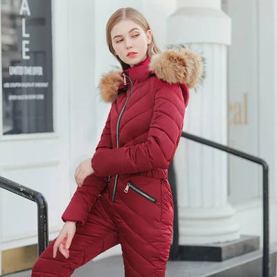 

2019 Fashion Winter New Women Cotton Jacket Siamese Sets Slim Females Parkas Thicker Warm Coat Hooded Fur Collar Outerwear Pant
